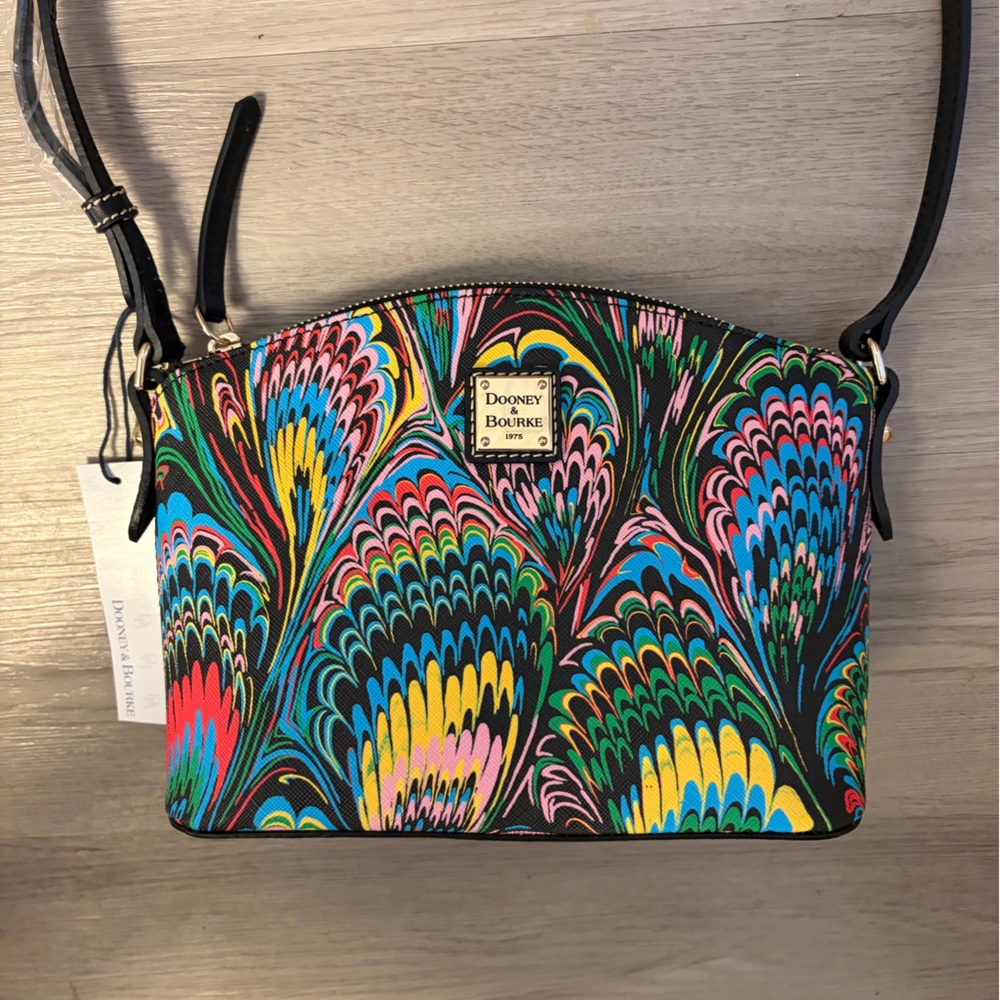 Dooney & Bourke Black Multicolor Feather-Print Crossbody